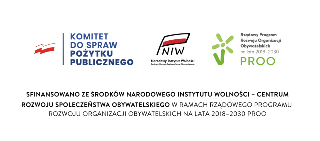 Grafika informacyjna z logotypami Komitetu do Spraw Pożytku Publicznego, Narodowego Instytutu Wolności oraz Programu Rozwoju Organizacji Obywatelskich PROO. Informacja o finansowaniu projektu ze środków Narodowego Instytutu Wolności – Centrum Rozwoju Społeczeństwa Obywatelskiego w ramach rządowego programu PROO na lata 2018–2030.